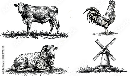 Hand-drawn vintage farm animals and windmill vector illustration in engraving-style line work