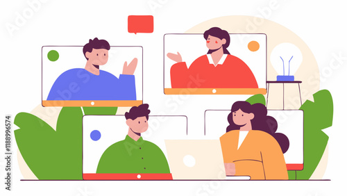 A group of people is engaged in a virtual meeting, each on their own computer screen. Bright colors and simple shapes give the scene a modern and friendly atmosphere.AI