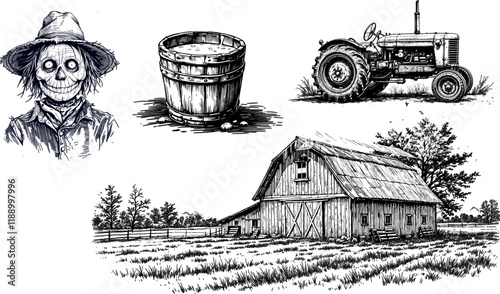 Hand-drawn vintage vector illustration of scarecrow, tractor, house, and water bucket