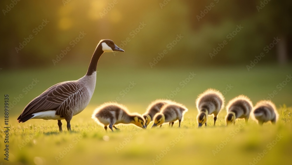 A heartwarming scene of a mother goose with her goslings, captured in soft golden light. Ideal for nature, family, and wildlife-themed projects. A heartwarming scene of a mother goose with her goslings, captured in soft golden light. Ideal for nature, family, and wildlife-themed projects.
