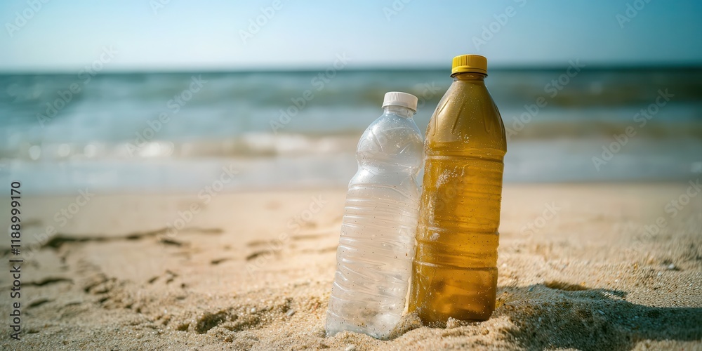 Obraz premium Environmental Pollution and Ocean Conservation Issues. Two plastic bottles on a sandy beach with ocean waves in the background.