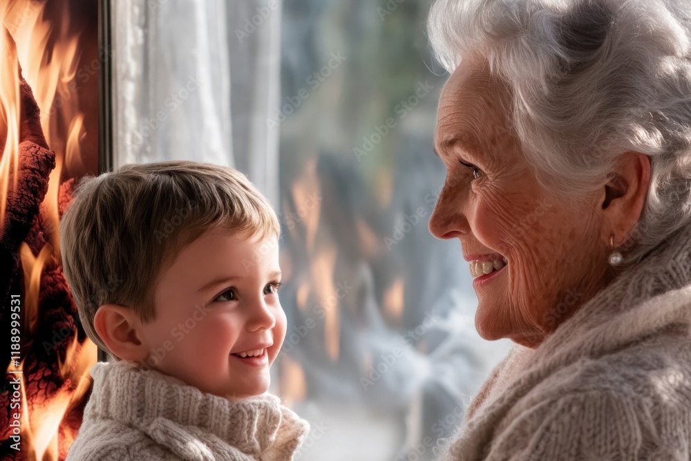 Fototapeta premium Precious Moments A Grandmother by the Fireplace, Sharing Bonding Moments with Her Grandchildren in the Comfort of Her Home, Creating Lasting Memories Filled with Love, Laughter, and Warmth A
