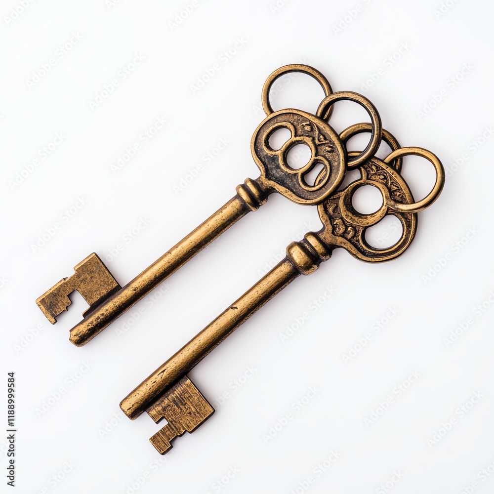 Antique brass keys grouped together on a white isolated background. Antique brass keys grouped together on a white isolated background.