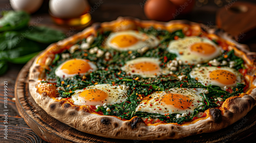 Easter-inspired pizza with eggs, spinach, and herbs Easter-inspired pizza with eggs, spinach, and herbs