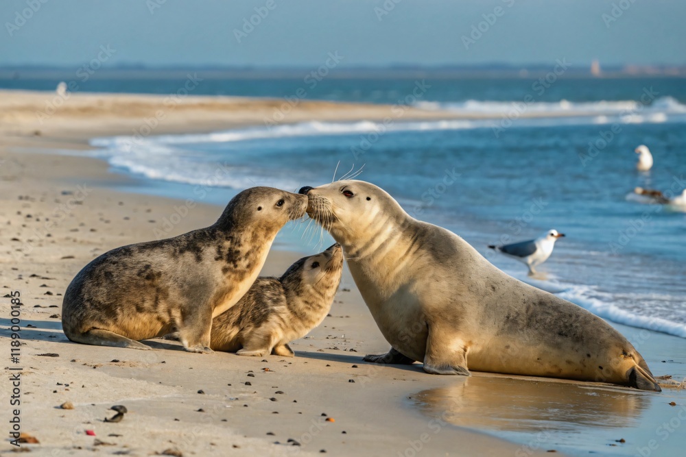 Fototapeta premium Seals Family Affectionate Kissing on Sandy Beach Coastline