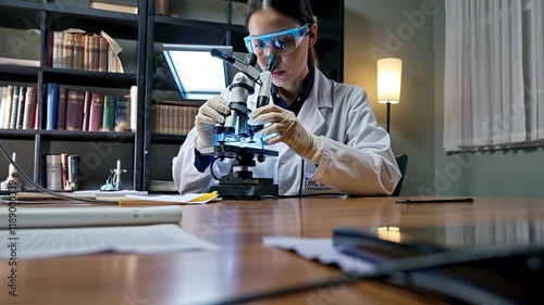 Scientist conducting detailed experiments in a library-like setting.