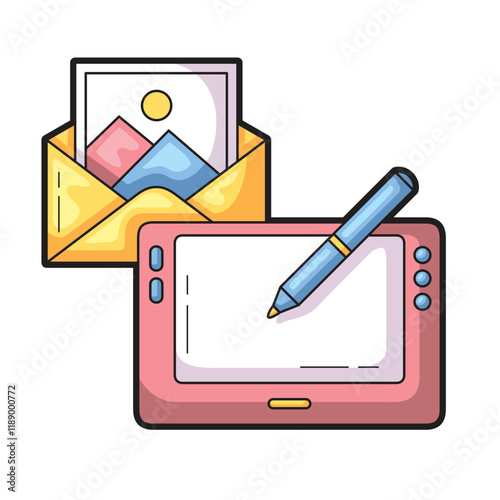 Tablet, pen, and email suitable for digital work presentations or online communication campaigns, modern technology in action for marketing creatives
