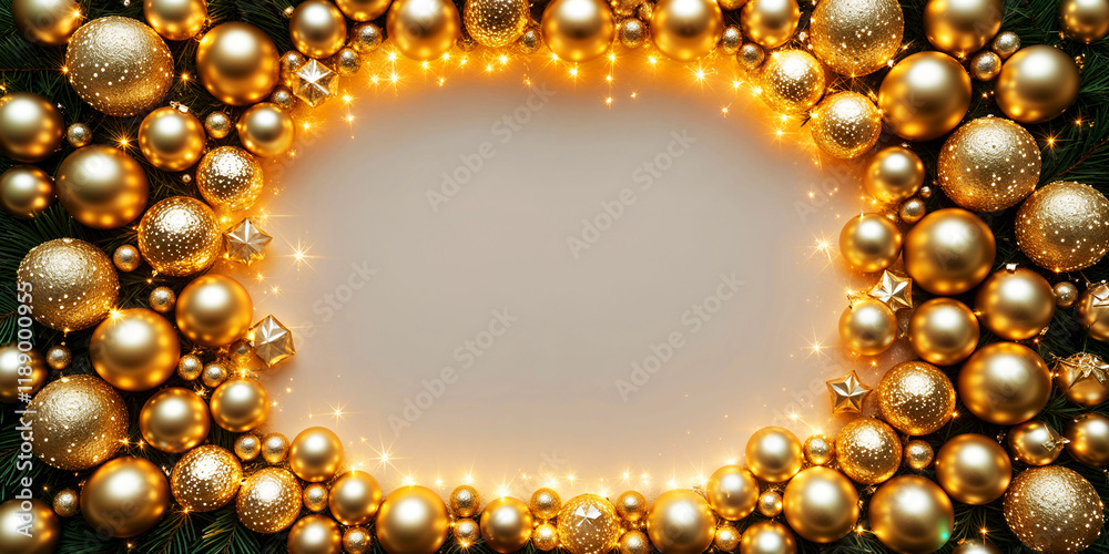 Golden festive ornaments border a blank elegant space, ready for holiday creativity