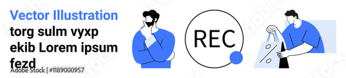 Characters contemplating and carrying a shopping bag beside REC button with placeholder text beside them. Ideal for online shopping, brainstorming, e-commerce, recording, digital marketing, creative