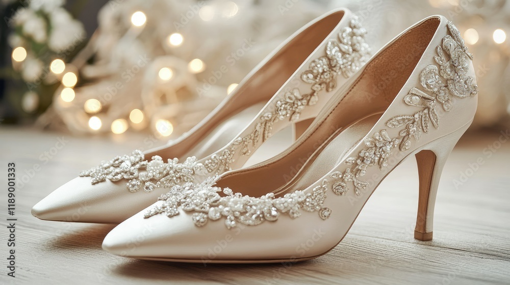 Obraz premium Pair of stylish high heel wedding shoes on a wooden surface with soft, romantic lighting.