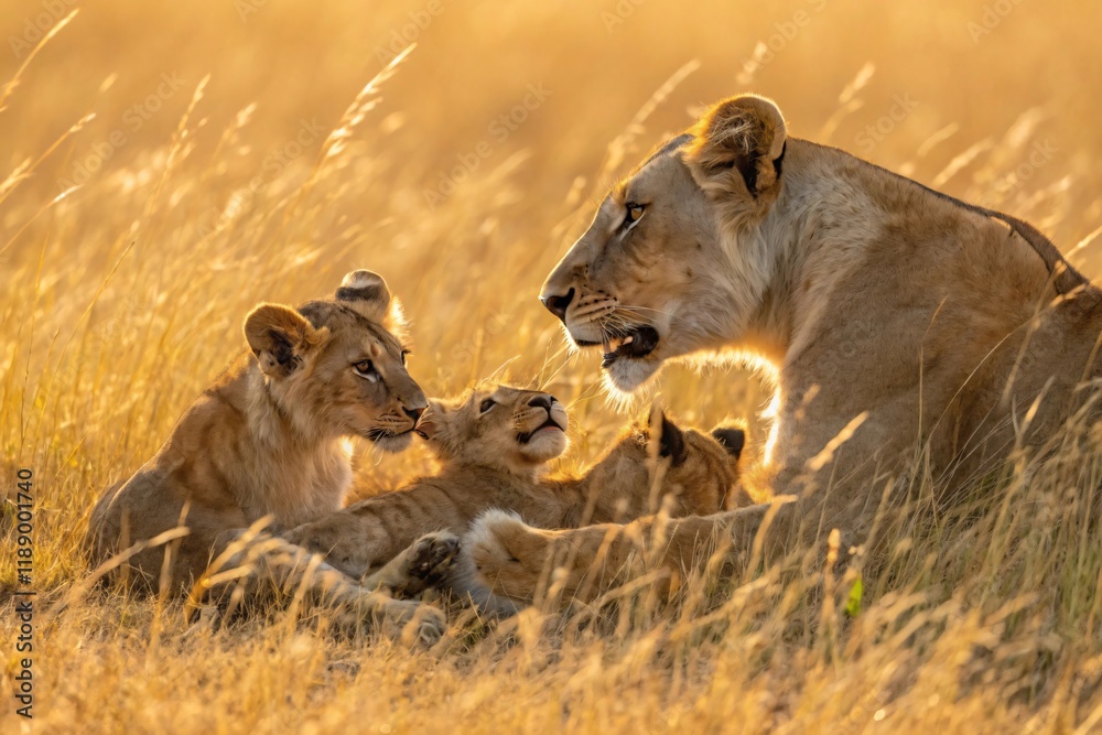 Lioness and Cubs at Sunset in African Savanna Grassland