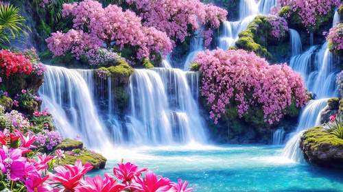 A beautiful paradise land full of flowers,  sakura trees, rivers and waterfalls, a blooming and magical idyllic Eden garden
