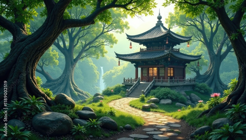 A tranquil temple nestled among tree branches, leafy, forest, foliage A tranquil temple nestled among tree branches, leafy, forest, foliage