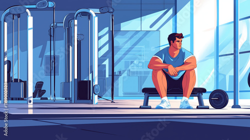 Exhausted and tired man, resting in the gym after exercising, professional fitness athlete, healthy way of life, health and bodybuilding, indoor sport, vector art poster, health poster