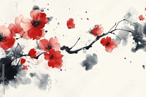 Red Blossoms Branch Watercolor Painting Art