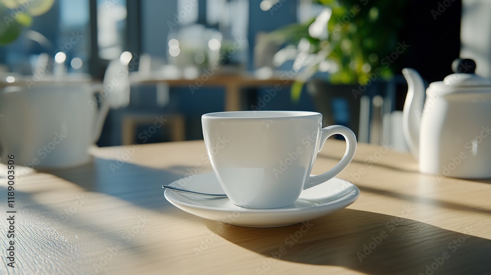 Sunny cafe, coffee cup, wooden table, morning light, breakfast Sunny cafe, coffee cup, wooden table, morning light, breakfast