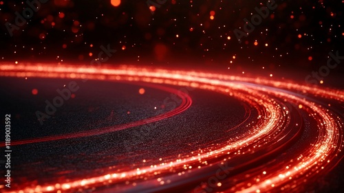 A Glowing red light trails swirl on dark surface, creating dynamic effect