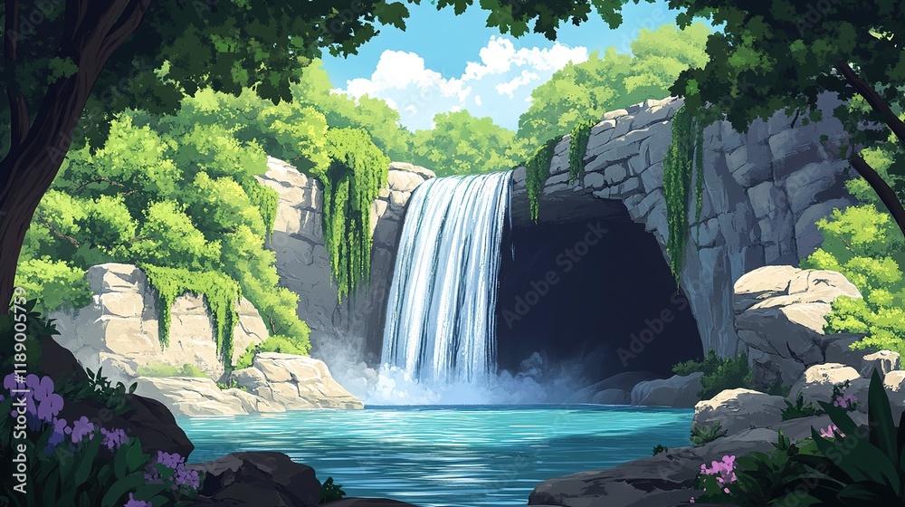 Naklejka premium Flowing waterfall retreat serene nature scene digital art lush green environment panoramic view tranquil escape