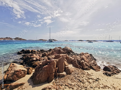 Spiaggia del Cavaliere, a beach between the isle of Santa Maria and isle of Razzoli that becomes like a natural pool. Budelli isle, Maddalena archipleago, Sardinia Island, (Sardegna), Italy.