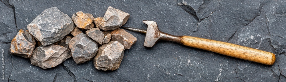Tools and Rocks for Geology or Mineralogy Work with Hammer and Chunks of Stone on Dark Surface Tools and Rocks for Geology or Mineralogy Work with Hammer and Chunks of Stone on Dark Surface