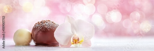 Valentine's day delight white orchid bloom beside chocolate praline romantic background with copy space photo