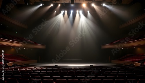 A modern concert hall stage illuminated by dramatic spotlights, creates anticipation and excitement, perfect for event posters, theater promotions, and website backgrounds