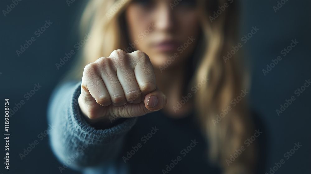 Obraz premium Woman with clenched fist - concept of female strength and self-defense
