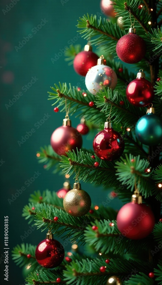 Naklejka premium Christmas tree branch with colorful ornaments and garland, holly, branches