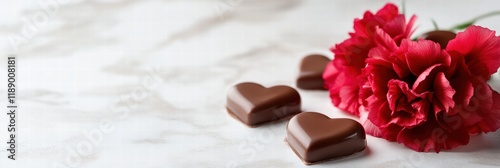 Valentine's day delight red carnation beside artisanal chocolate hearts romantic background with copy space photo