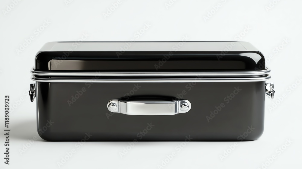 Elegant black metal box with silver handle on a white isolated background. Elegant black metal box with silver handle on a white isolated background.