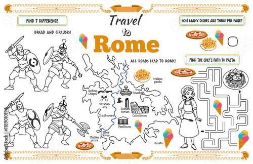 A fun placemat for kids. Printable “Travel to Rome” activity sheet with a labyrinth and find the differences. 17x11 inch printable vector file
