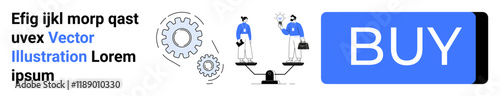 Gear mechanisms, two business people on a balance scale, placeholder text, and a large blue BUY button. Ideal for e-commerce, landing page, business, technology, balance, decision making, marketing