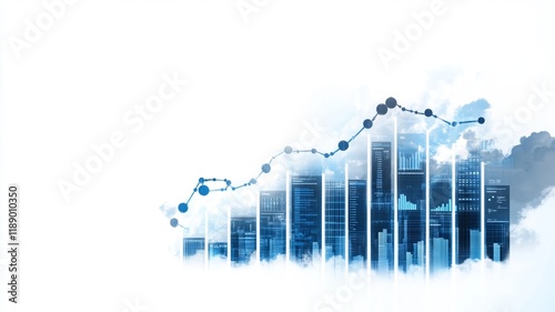 A modern city skyline with digital graphs and data visualization elements