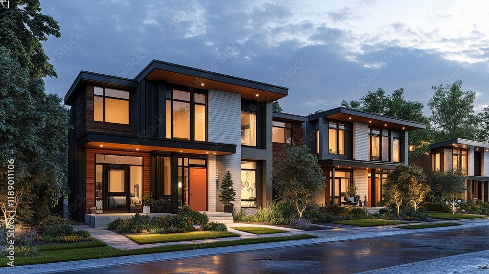Fototapeta premium A Modern dwelling with large windows, landscaped garden, and evening lighting