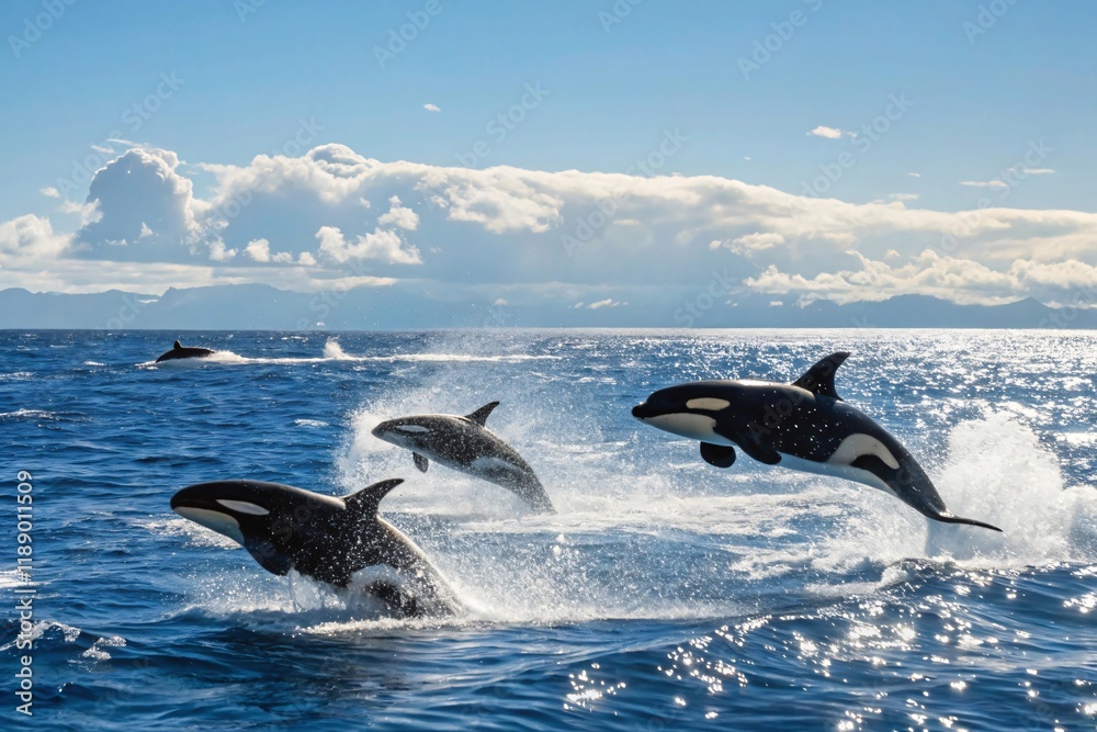 Fototapeta premium Orcas leaping ocean wildlife marine mammals nature scene