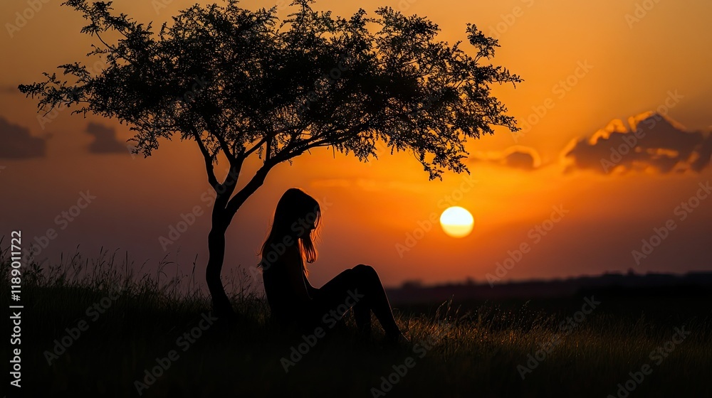 Silhouette of a young girl sitting under a lone tree, her figure blending into the warm sunset. Silhouette of a young girl sitting under a lone tree, her figure blending into the warm sunset.