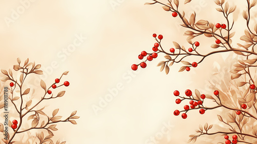 Autumn scenery of brown hawthorn branches with red berries set against a soft, blurred background, enhanced with a vintage sepia tone, featuring ample copy space for text. Thornpath. Illustration