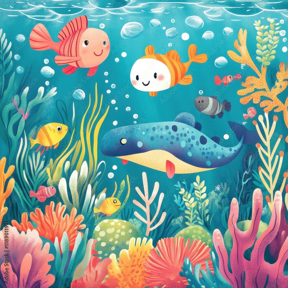 Obraz premium Colorful Underwater Scene Featuring Happy Fish and Coral