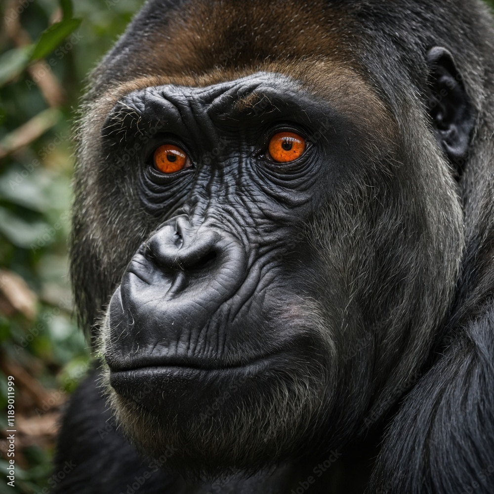 Obraz premium A close-up of a Western Lowland Gorilla with striking orange eyes, showcasing the depth and emotion of this endangered species.