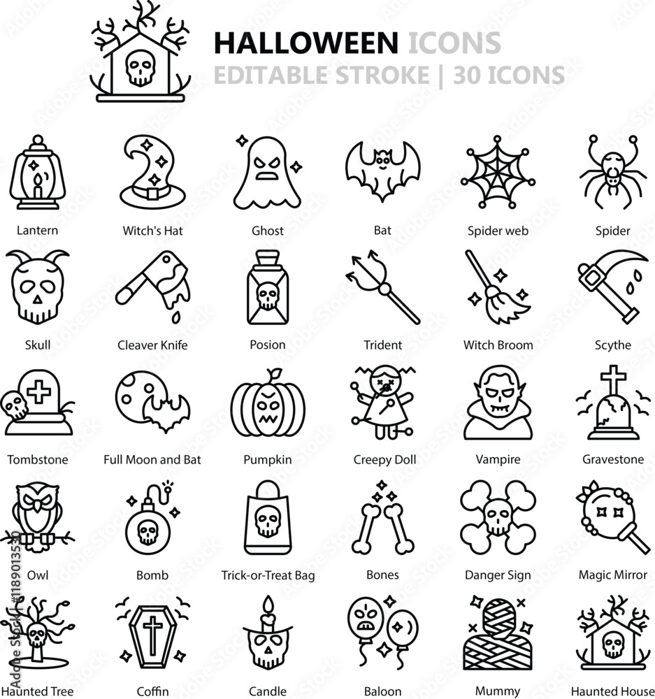 Fototapeta premium Halloween Icon Set: 50 Spooky Outline Vector Icons in Black (EPS Included)