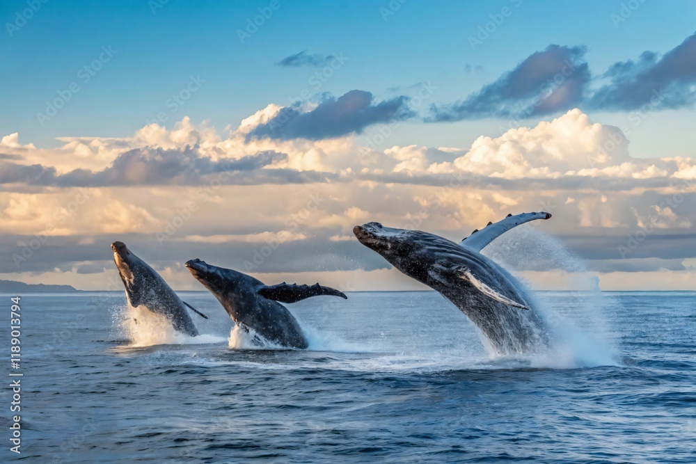 Fototapeta premium Three Humpback Whales Breaching Ocean Sunrise