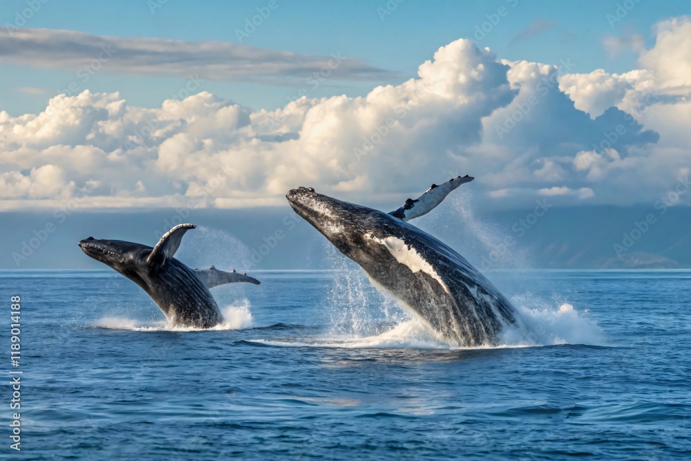 Fototapeta premium Humpback Whales Breaching Ocean Dramatic Sky Wildlife