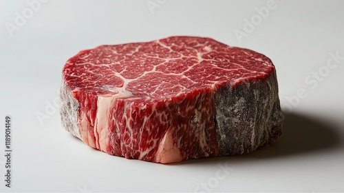A raw ribeye beef steak showcased on a spotless white background