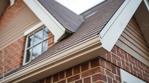 Elegant Brick House Exterior: Captivating Roofline and Seamless Gutter Design photo