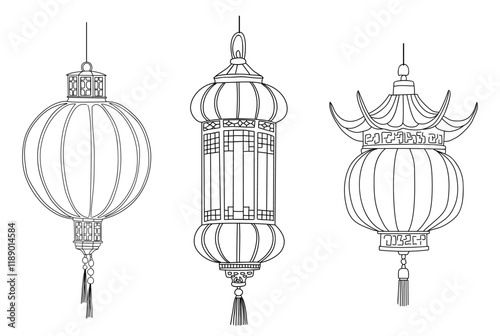 Set of hand drawn Chinese paper street lanterns of various shapes vector illustrations isolated on white background. Beautiful traditional asian festival decorations. Chinese New Year design elements
