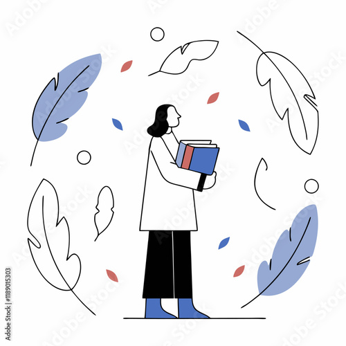 Minimalist Illustration of a Poetess Holding Books Amid Falling Feathers and Leaves
