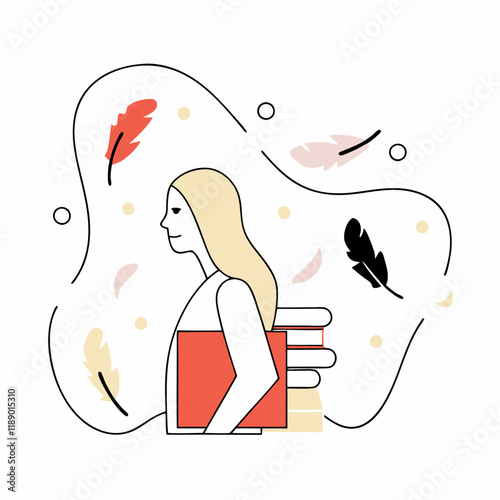 Minimalist Line Art of a Woman Holding Books with Floating Feathers in a Whimsical Style