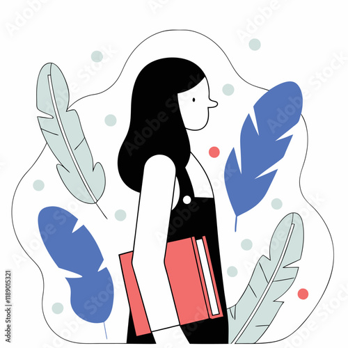 Modern Minimalist Illustration of a Woman Holding Books with Blue Feathers in Background