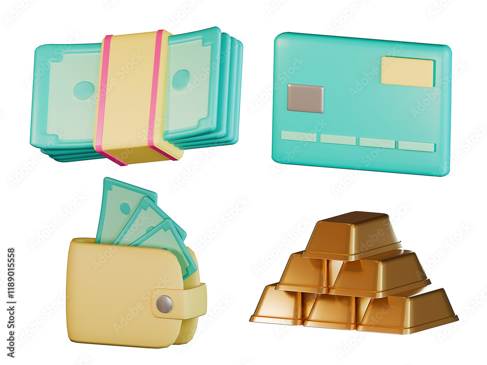 Colorful 3d icons of cash, credit card, wallet with bills, and gold bars Colorful 3d icons of cash, credit card, wallet with bills, and gold bars