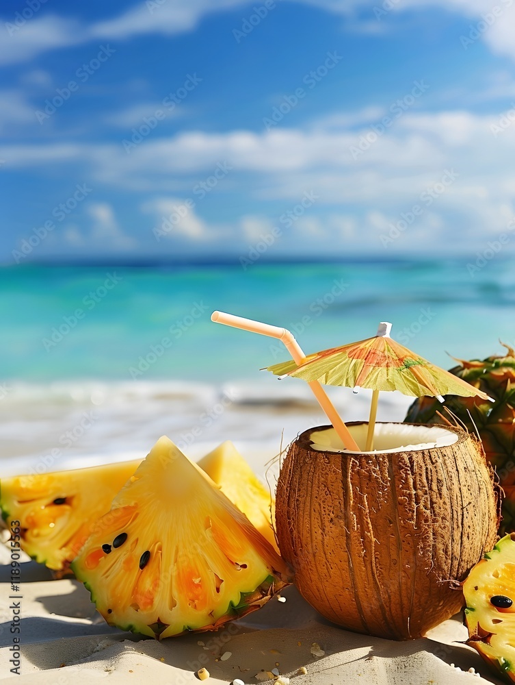Tropic Beach Coconut Summer Vacation Holiday Cocktail Drink with Pineapple Fruits Tropic Beach Coconut Summer Vacation Holiday Cocktail Drink with Pineapple Fruits